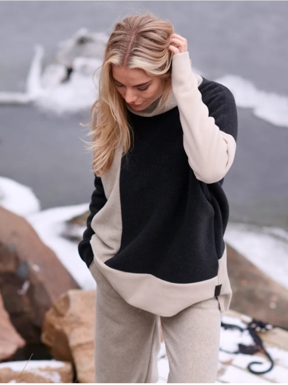 Henriette Steffensen Women’s Color Block Neutral Turtleneck Sweater (TAN VERSION